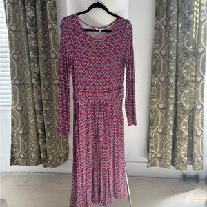 Boden Long-Sleeve Geometric Midi Dress in Blue and Pink